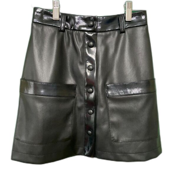 STAUD Paper Faux Leather Mini Skirt Women's 0 Black Front Pockets Snap Closure - Picture 1 of 13